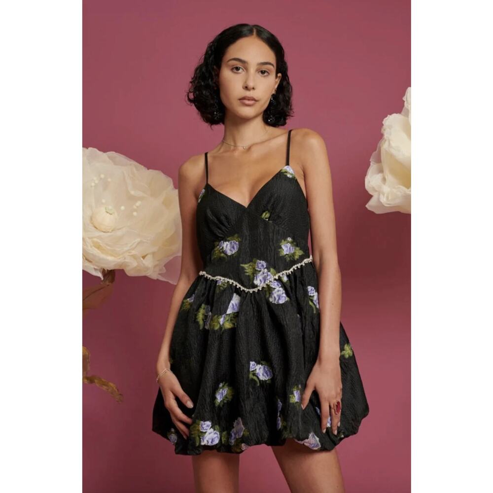 Sister Jane Dream jacquard cami dress with puff skirt dark floral diamante trim